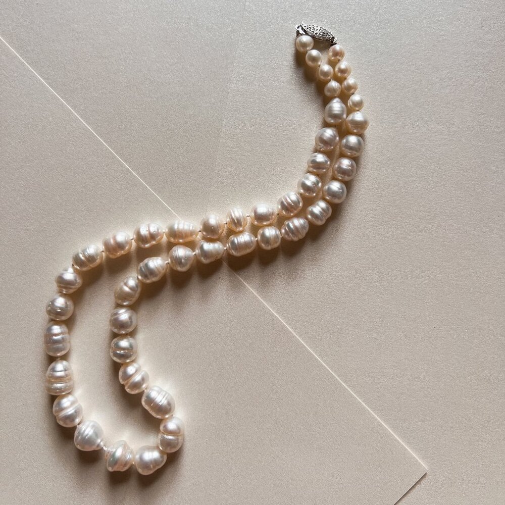 Gorgeous Vintage Baroque Genuine Freshwater Pearl Necklace Silver Filigree Clasp